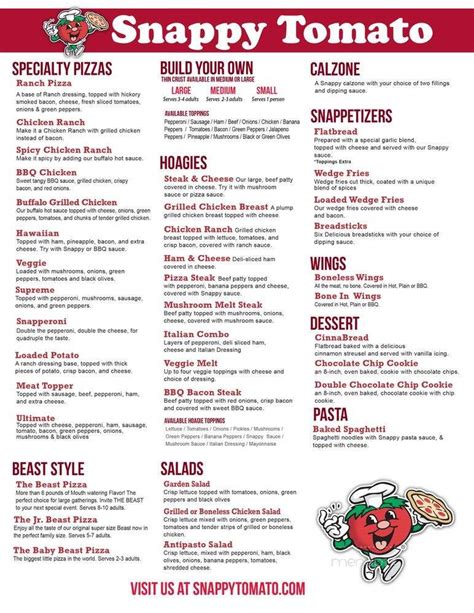 Snappy Tomato Pizza was founded in 1978 in Fort Mitchell, Kentucky, as a single independent pizza operation. . Snappy tomato pizza west union menu